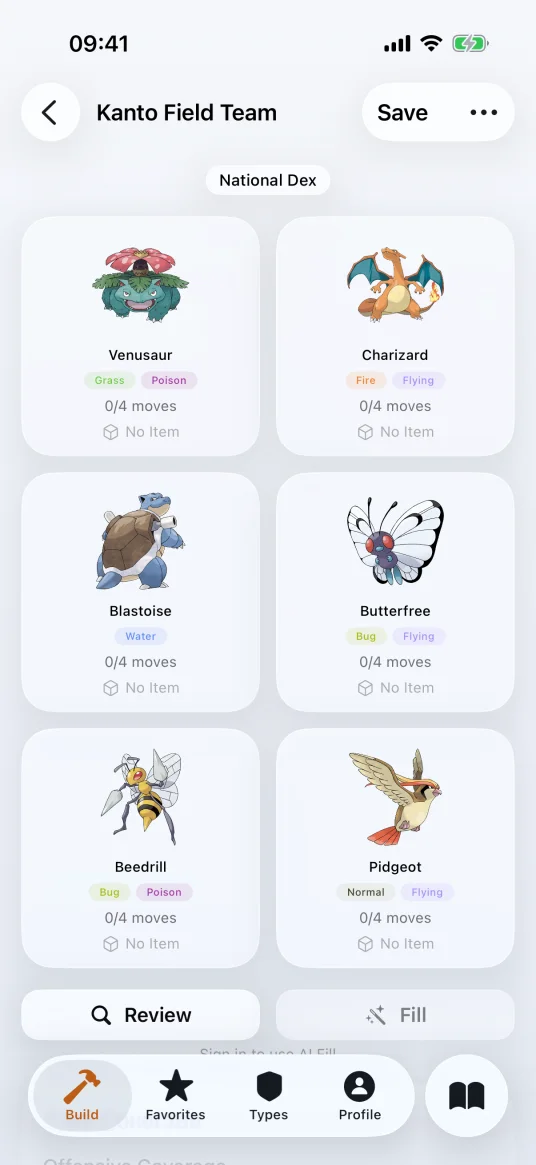 PokePlaybook Team Builder showing a six-member Kanto team